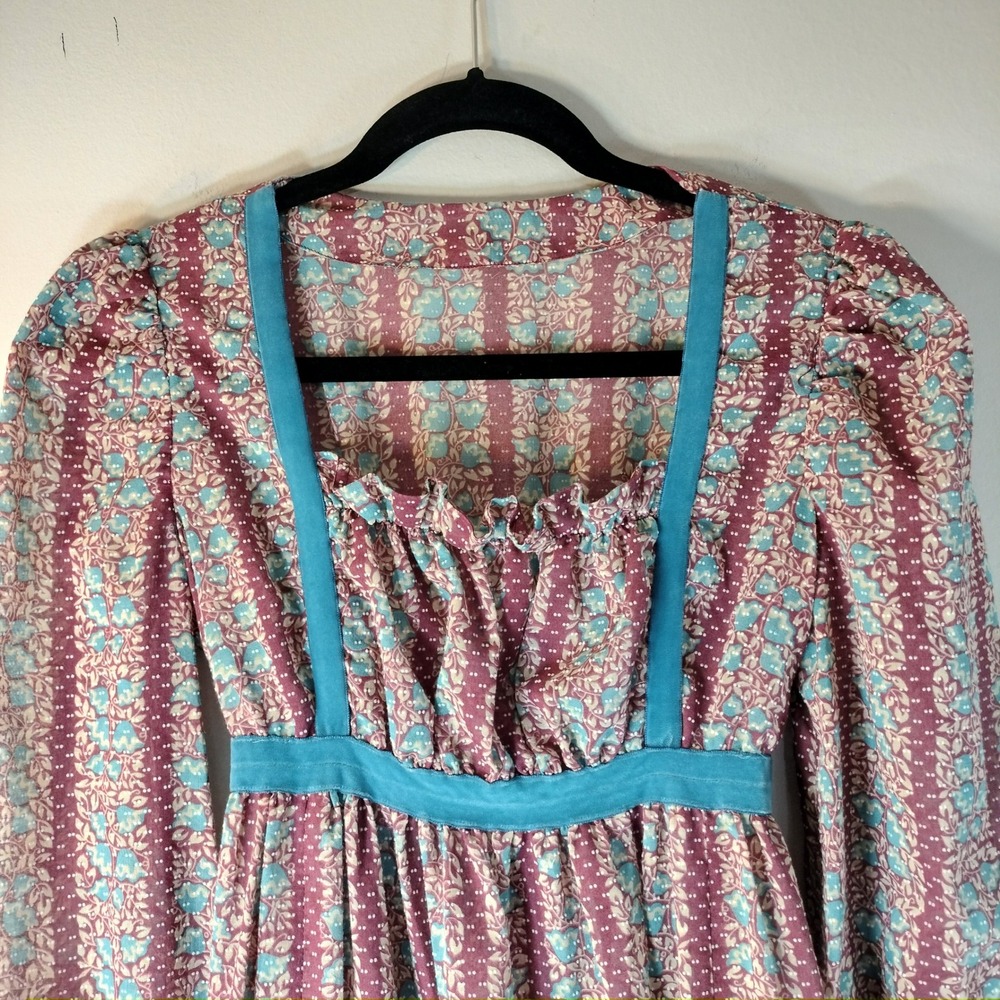 Handmade Vintage 70s Prairie Maxi Dress Floral w/Empire Waist & Velvet Trim
